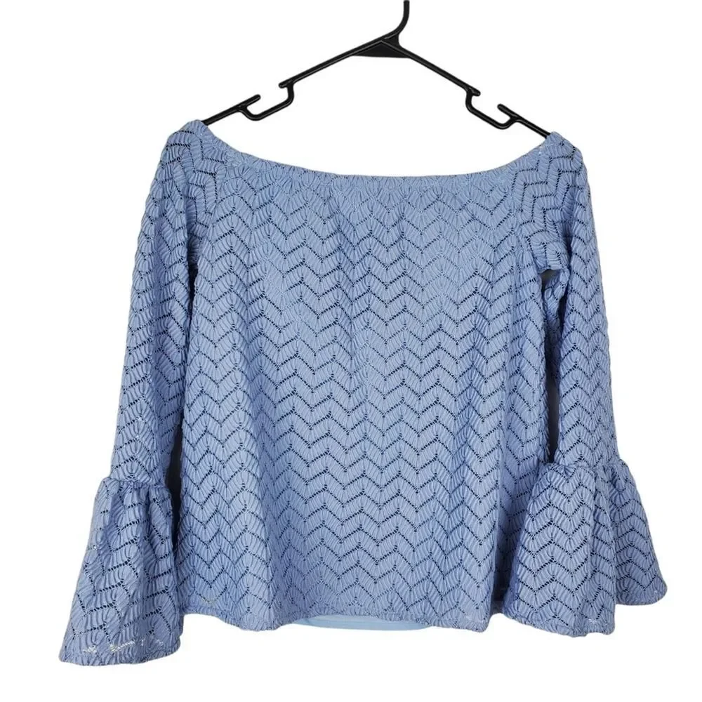 English Factory Crochet Lace Off Shoulder Flare Bell Sleeve Blouse Top Shirt